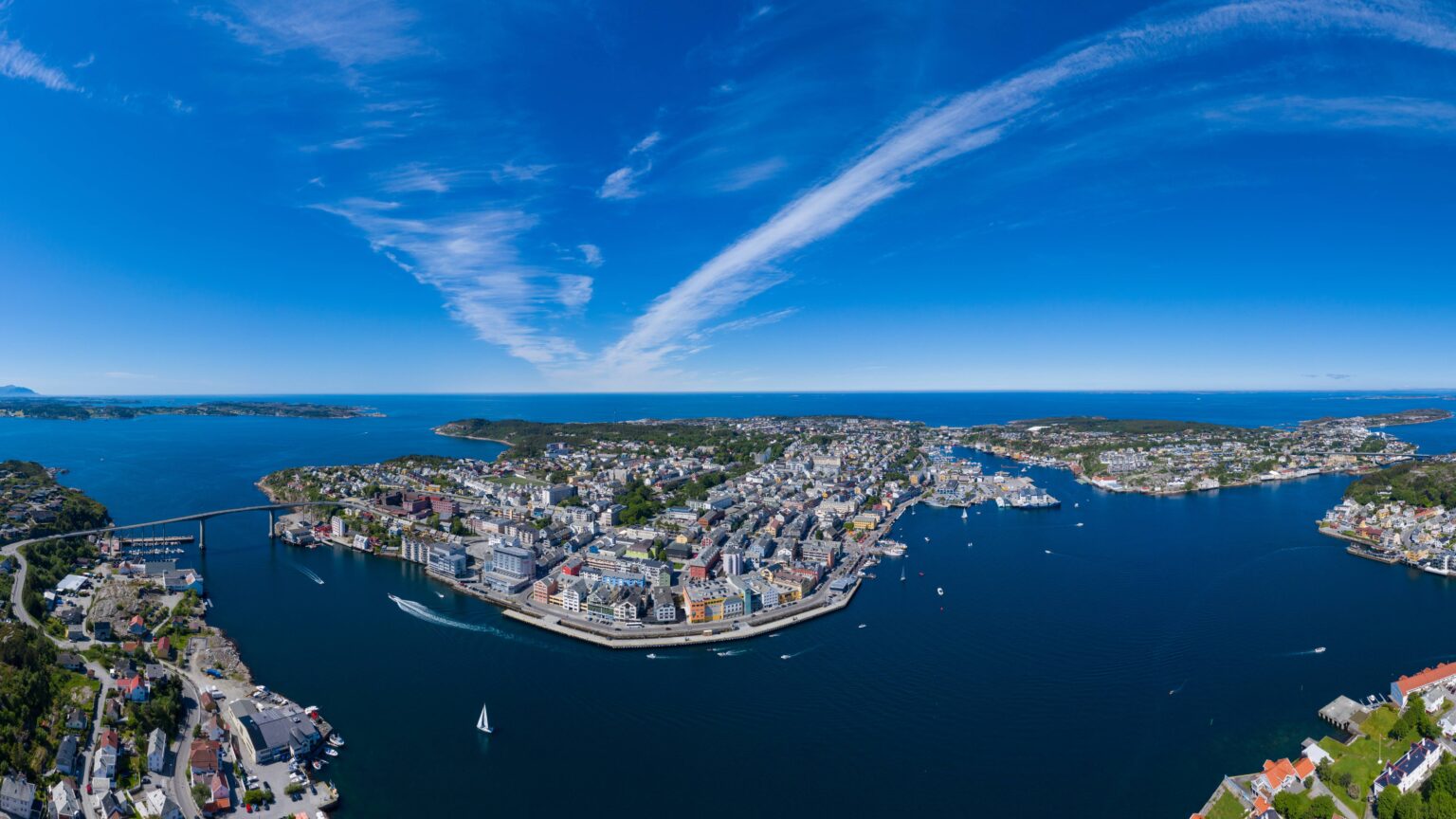 Scenic view of Atlantic Ocean Road and fjord coastline from Trondheim to Molde on Scandinavia tour from Dubai