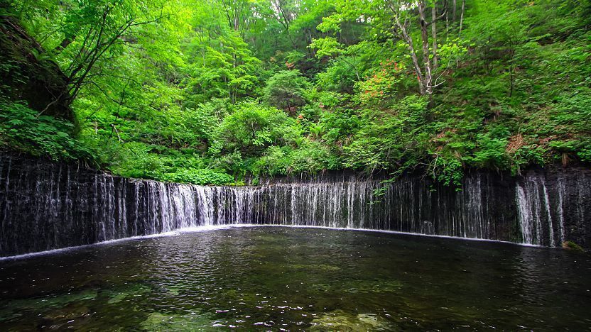 Scenic view of Shiraito Falls near Iyashi no Sato Nenba traditional village with Toyota Museum in Nagoya and Kyoto cityscape on Japan cultural tour