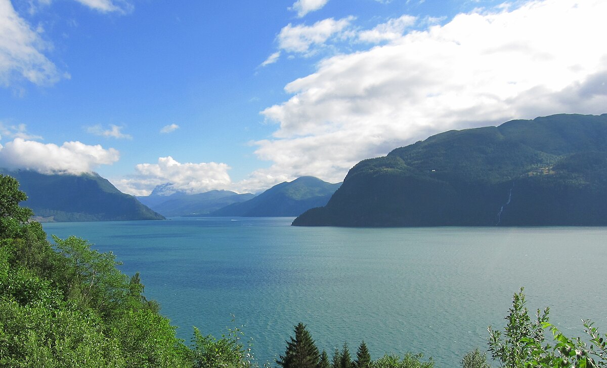Panoramic view from Eagle Viewpoint over Geiranger Fjord with Briksdal Glacier and Loen town featured on Scandinavia tour from Dubai