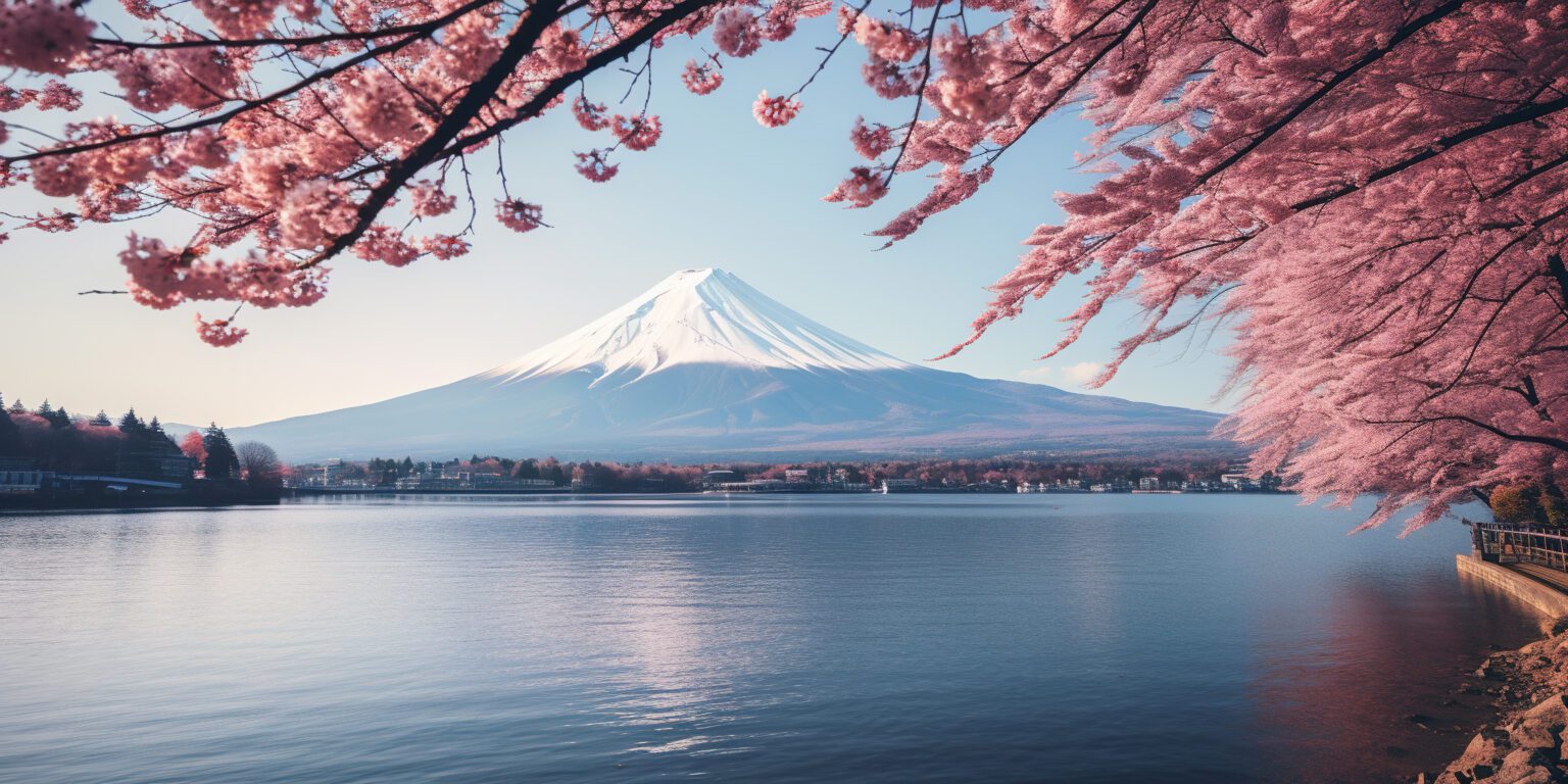 View of Mount Fuji from Arakurayama Sengen Park with Chureito Pagoda overlooking Lake Kawaguchiko during Japan tour
