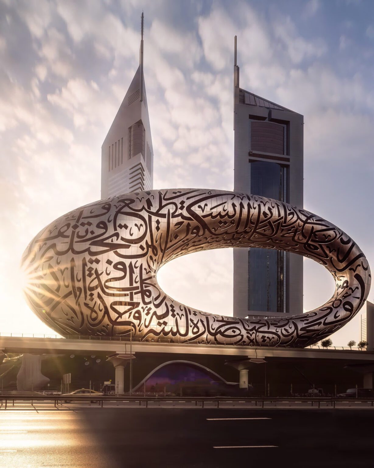 Museum of the Future Dubai’s futuristic torus-shaped building with Arabic calligraphy.