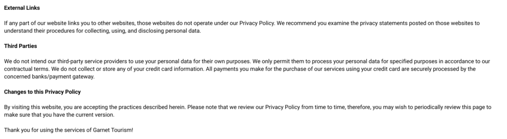 Privacy Policy- Garnet Tourism