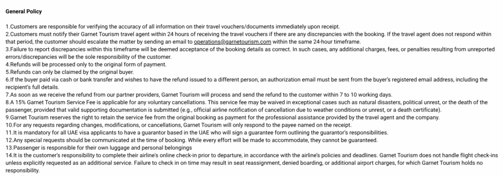 Terms & Conditions - Garnet Tourism