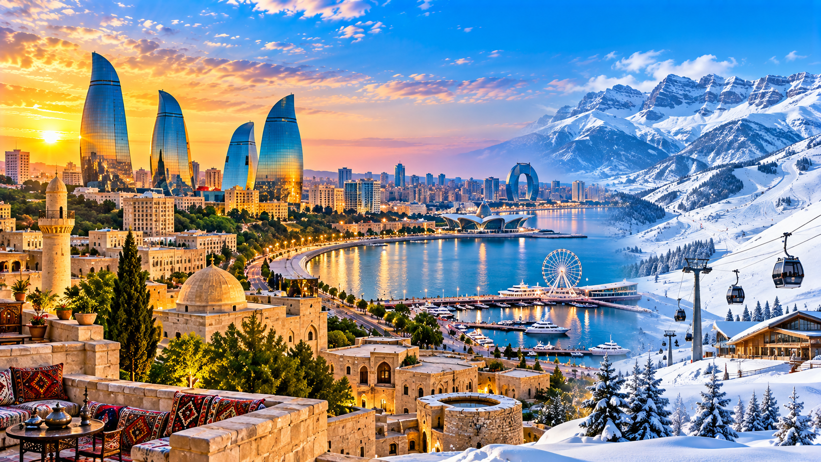 Azerbaijan Baku and snowy Shahdag