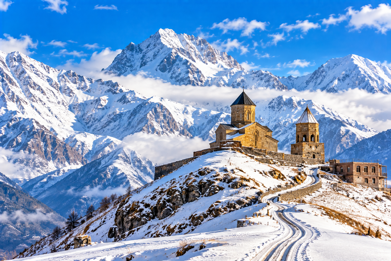 Kazbegi Gergeti Trinity Church snowy mountains