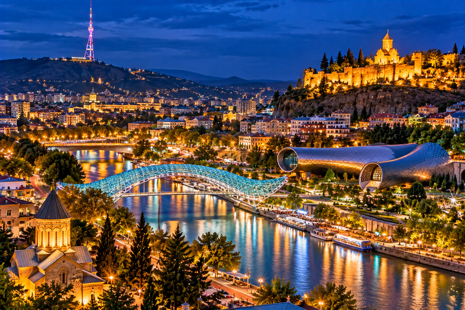 Peace Bridge Tbilisi city at night